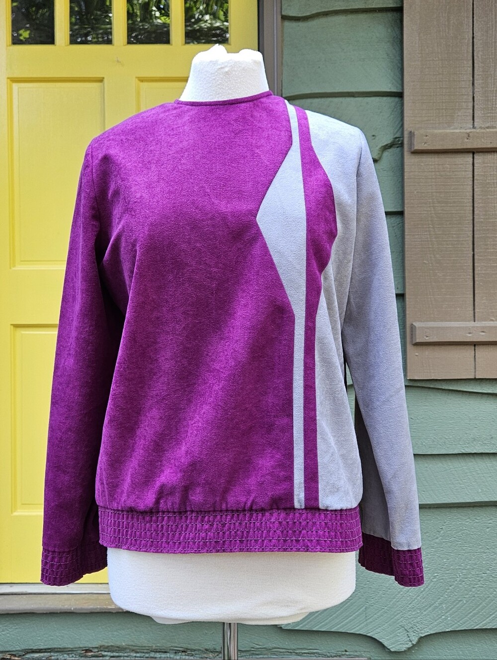 Vintage Bradley Ltd Velour Color Block Top Size 10 80s Geometric Shoulder Pads